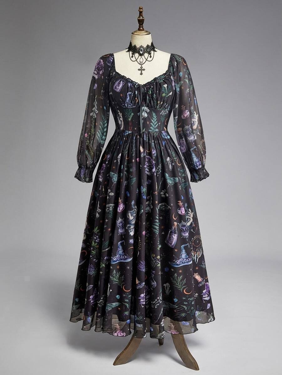 ROMWE Fairycore Plus Size Women Gothic Dark Forest Magic Academy Dark Sun Moon Star Mystical Star Tie Ruffle Petal Sleeve Dress - Multicolor - View 1