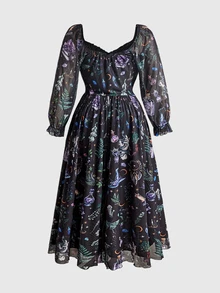 ROMWE Fairycore Plus Size Women Gothic Dark Forest Magic Academy Dark Sun Moon Star Mystical Star Tie Ruffle Petal Sleeve Dress - Multicolor - View 3