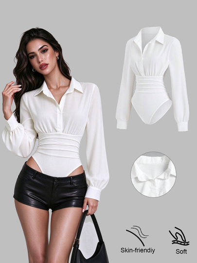 Sweetra Women's Retro Sexy Bodysuit, Fitted Slimming, Elegant High-End Comfortable Versatile Fashionable White Bodysuit