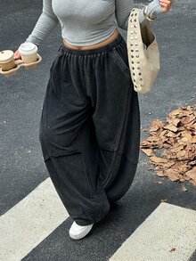 Muchica 大尺碼女款純色休閒百搭日常穿著長褲 - 黑色 - 查看 5