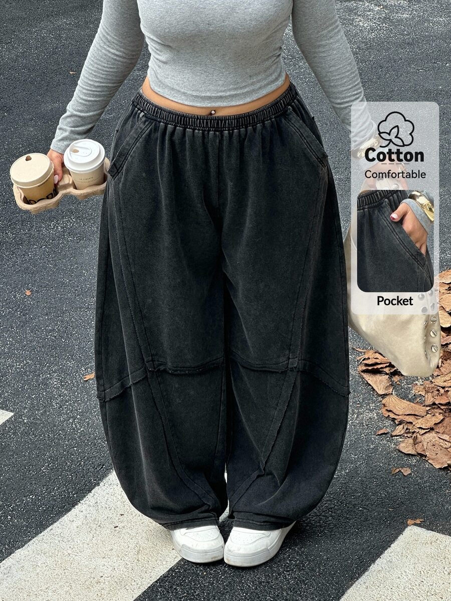 Muchica Plus Size Women's Solid Color Casual Versatile Daily Wear Long Pants - Black - View 1