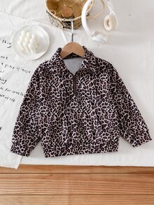 SHEIN Sparklyn Young Girls Fall Brown Leopard Print Half-Zip Sweatshirt, Casual Animal Pattern Stand Collar Pullover Top, Cozy Autumn Wear,Autumn/Winter/Christmas - Brown - View 3