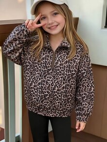 SHEIN Sparklyn Young Girls Fall Brown Leopard Print Half-Zip Sweatshirt, Casual Animal Pattern Stand Collar Pullover Top, Cozy Autumn Wear,Autumn/Winter/Christmas - Brown - View 1