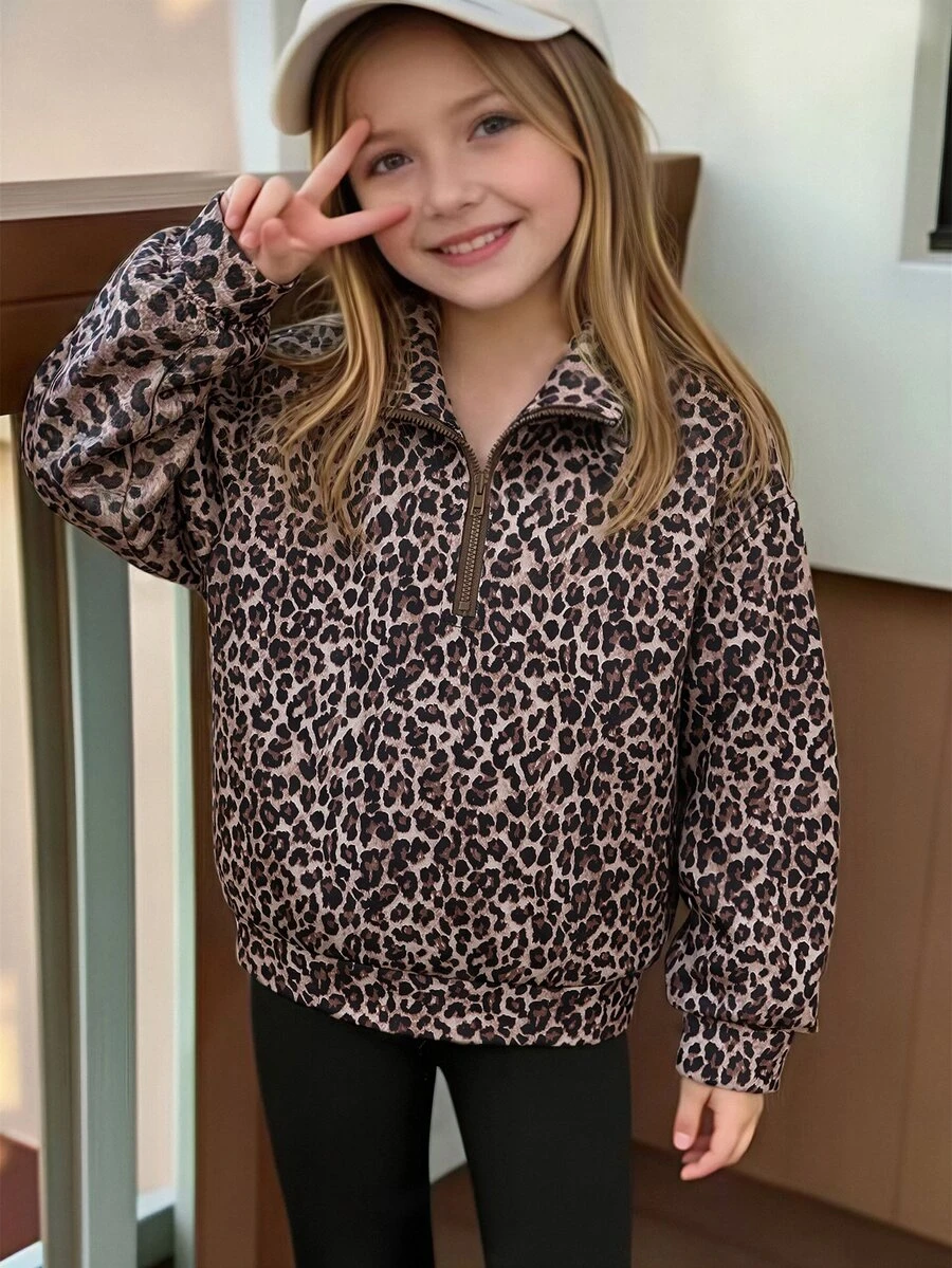 SHEIN Sparklyn Young Girls Fall Brown Leopard Print Half-Zip Sweatshirt, Casual Animal Pattern Stand Collar Pullover Top, Cozy Autumn Wear,Autumn/Winter/Christmas - Brown - View 1