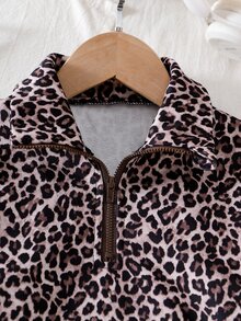 SHEIN Sparklyn Young Girls Fall Brown Leopard Print Half-Zip Sweatshirt, Casual Animal Pattern Stand Collar Pullover Top, Cozy Autumn Wear,Autumn/Winter/Christmas - Brown - View 5