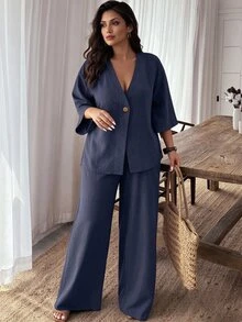 Weeklong Plus Size Women Casual Solid Color Top And Wide Leg Pants 2 Pieces Set Fall - Navy Blue - View 1