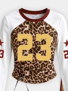 (1 Set) Tween Girls Autumn Fashion 23 Five-Point Star Leopard Print Patchwork Red & White Striped Ruched Waist Long Sleeve T-Shirt & Wide Leg Pants - Multicolor - View 6