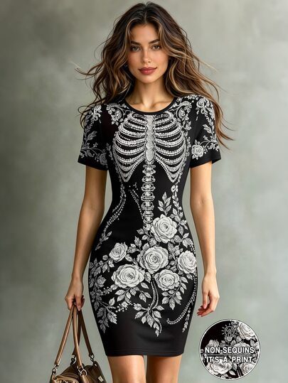 Glimmora Black Gothic Skeleton Rose Print Bodycon Mini Dress, Halloween Dark Style Party Dress, Gothic Skull Skeleton Bone Floral Rose Print Bodycon Dress