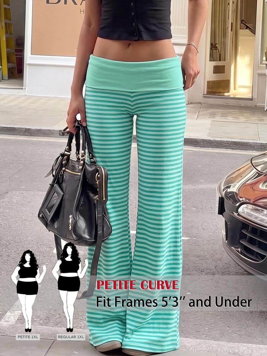 SHEIN PETITE CURVE 大尺碼街頭休閒條紋拼色長褲，適合度假秋季穿搭 - 薄荷綠 - 查看 1