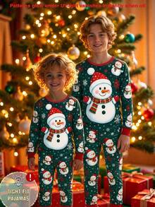 Young Boy Christmas Autumn/Winter Knitted Snug Fit Long Sleeve Pants Crew Neck Print Snowflake Snowman Boys Pajamas Set - Green - View 7