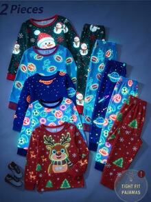 Young Boy Christmas Autumn/Winter Knitted Snug Fit Long Sleeve Pants Crew Neck Print Snowflake Snowman Boys Pajamas Set - Green - View 10