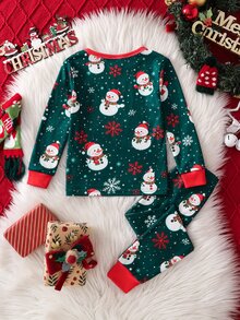 Young Boy Christmas Autumn/Winter Knitted Snug Fit Long Sleeve Pants Crew Neck Print Snowflake Snowman Boys Pajamas Set - Green - View 2