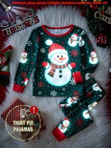 Young Boy Christmas Autumn/Winter Knitted Snug Fit Long Sleeve Pants Crew Neck Print Snowflake Snowman Boys Pajamas Set - Green - View 5