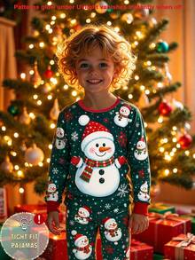 Young Boy Christmas Autumn/Winter Knitted Snug Fit Long Sleeve Pants Crew Neck Print Snowflake Snowman Boys Pajamas Set - Green - View 1