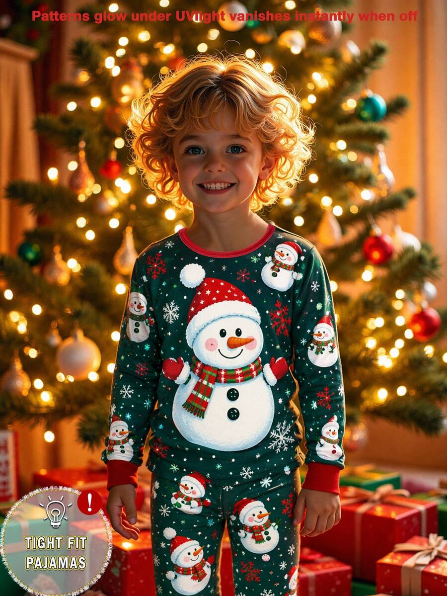 Young Boy Christmas Autumn/Winter Knitted Snug Fit Long Sleeve Pants Crew Neck Print Snowflake Snowman Boys Pajamas Set - Green - View 1