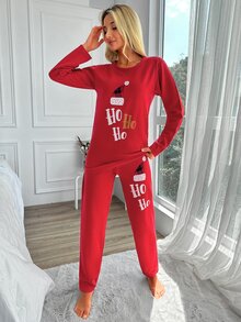 SHEIN Cottnline Hat & Letter Graphic Lounge Set - Red - View 6