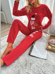 SHEIN Cottnline Hat & Letter Graphic Lounge Set - Red - View 5