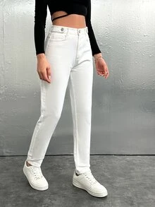 Cottnline 100%Cotton Women's Casual Solid Tapered Jeans - White - View 4
