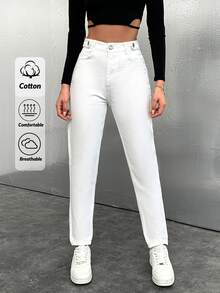 Cottnline 100%Cotton Women's Casual Solid Tapered Jeans - White - View 1