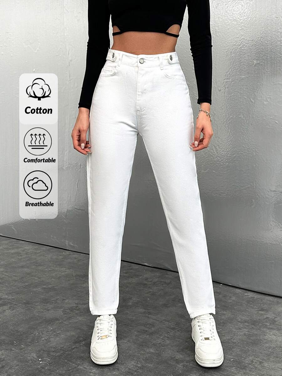 Cottnline 100%Cotton Women's Casual Solid Tapered Jeans - White - View 1