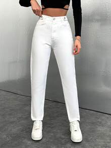 Cottnline 100%Cotton Women's Casual Solid Tapered Jeans - White - View 3