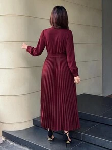 Feyla Damklänning i enfärgad casual feststil med knut i midjan, lång modell - Bourgogne - Visa 11