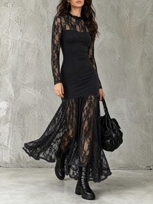 LUMIGAL Winter Women's Lace Long Sleeve Fishtail Hem Elegant Dress - Black - View 8