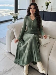 Feyla 女款半開襟鈕扣長袖針織洋裝 - 墨綠色 - 查看 4