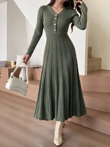 Feyla 女款半開襟鈕扣長袖針織洋裝 - 墨綠色 - 查看 3