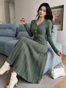Feyla 女款半開襟鈕扣長袖針織洋裝 - 墨綠色 - 查看 2