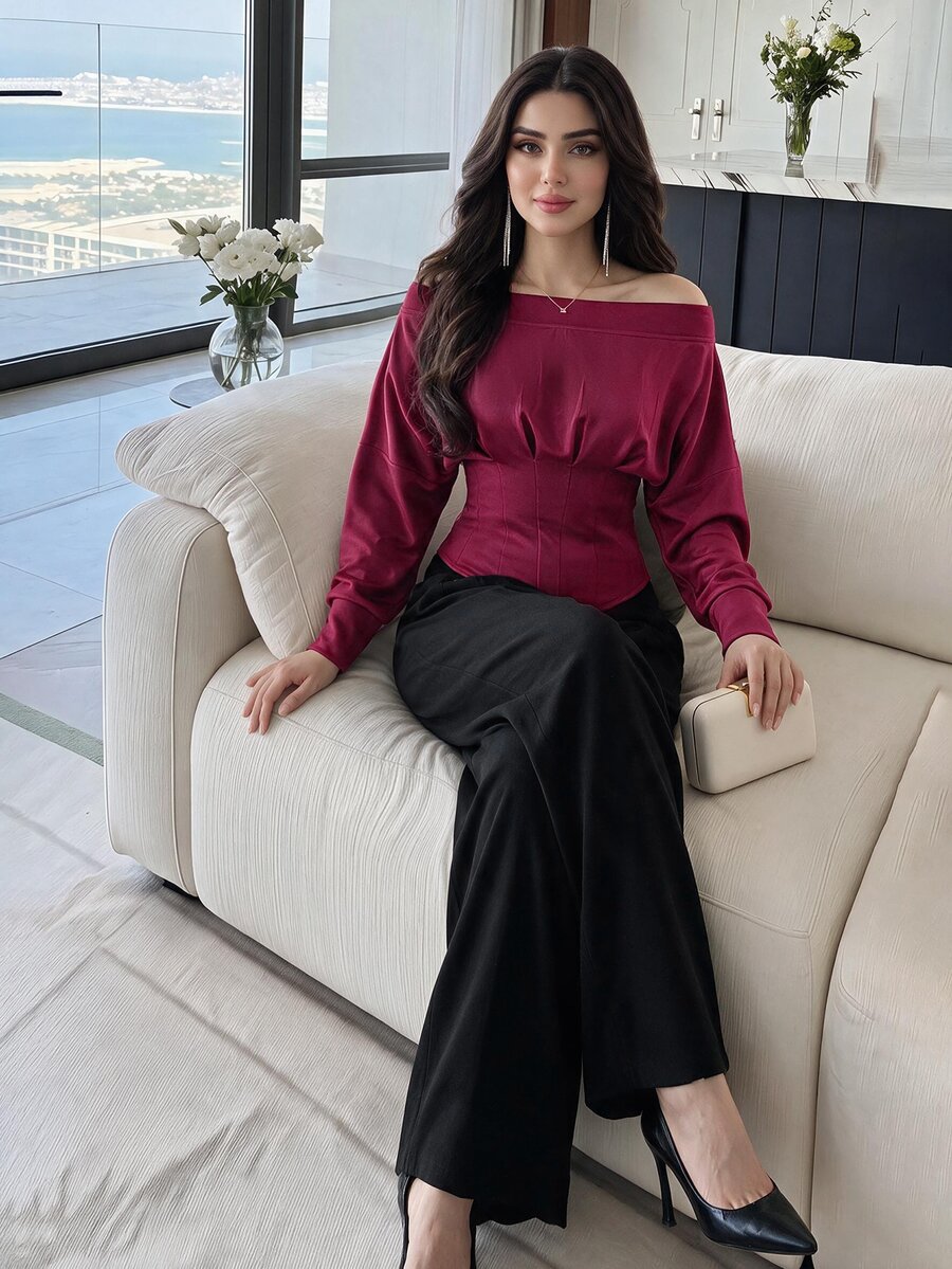 Feyla Women's Solid Color Pleated Casual Versatile Daily Wear Blouse - Burgundy - View 1