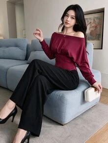 Feyla Women's Solid Color Pleated Casual Versatile Daily Wear Blouse - Burgundy - View 2