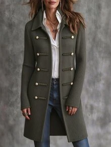 LUMIGAL Women's Autumn/Winter Vintage Lapel Long Knit Cardigan, Slim Fit Ribbed Knit Jacket With Double-Breasted Metal Buttons, Suitable For Commuting, Travel And Daily Outings - Army Green - View 1