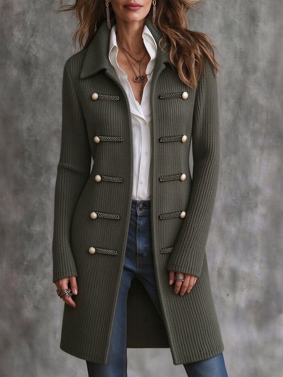 LUMIGAL Women's Autumn/Winter Vintage Lapel Long Knit Cardigan, Slim Fit Ribbed Knit Jacket With Double-Breasted Metal Buttons, Suitable For Commuting, Travel And Daily Outings - Army Green - View 1