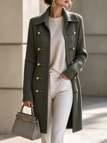LUMIGAL Women's Autumn/Winter Vintage Lapel Long Knit Cardigan, Slim Fit Ribbed Knit Jacket With Double-Breasted Metal Buttons, Suitable For Commuting, Travel And Daily Outings - Army Green - View 3