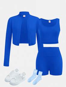 SHEIN Tween Girl Long Sleeve Mock Neck Zip-Up T-Shirt, Tank Top And Cycling Leggings 3 Pieces Sports Set - Blue - View 6