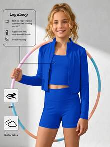 SHEIN Tween Girl Long Sleeve Mock Neck Zip-Up T-Shirt, Tank Top And Cycling Leggings 3 Pieces Sports Set - Blue - View 3