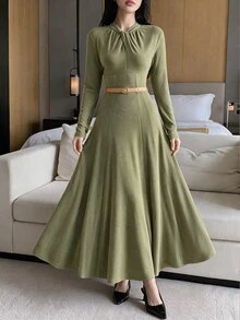 Feyla 女款純色長袖百褶優雅洋裝 - 軍綠色 - 查看 10