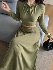 Feyla 女款純色長袖百褶優雅洋裝 - 軍綠色 - 查看 11