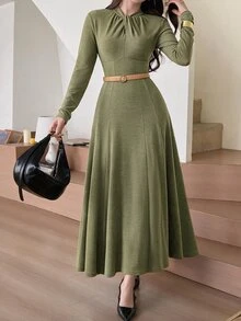 Feyla 女款純色長袖百褶優雅洋裝 - 軍綠色 - 查看 3
