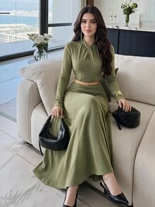 Feyla 女款純色長袖百褶優雅洋裝 - 軍綠色 - 查看 4