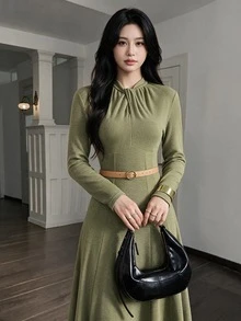 Feyla 女款純色長袖百褶優雅洋裝 - 軍綠色 - 查看 8