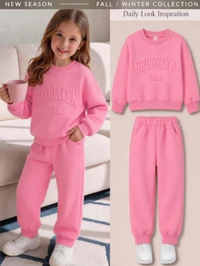 Young Girl Girls Co Ord Set 3D Embossed Print Pink Casual Sweatshirt And Pants Kids Girls Winter Clothes - Hot Pink - View 1