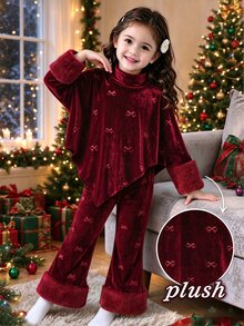 SHEIN Elladie kids 2件組女孩優雅氛圍風，酒紅色毛絨底布搭配蝴蝶結壓紋，高領長袖上衣配毛絨飾邊袖口，同材質喇叭褲配毛絨飾邊褲腳，精緻兩件套套裝，適合假日派對、外出，秋冬套裝 - 酒紅色 - 查看 3