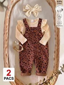 SHEIN 2件組女嬰秋冬淺棕豹紋復古甜酷風荷葉邊長袖上衣搭配豹紋燈芯絨吊帶褲，寬鬆舒適版型，適合日常外出、學校活動、戶外玩耍、家庭聚會、拍照、萬聖節與聖誕節假期穿搭 - 彩色 - 查看 1