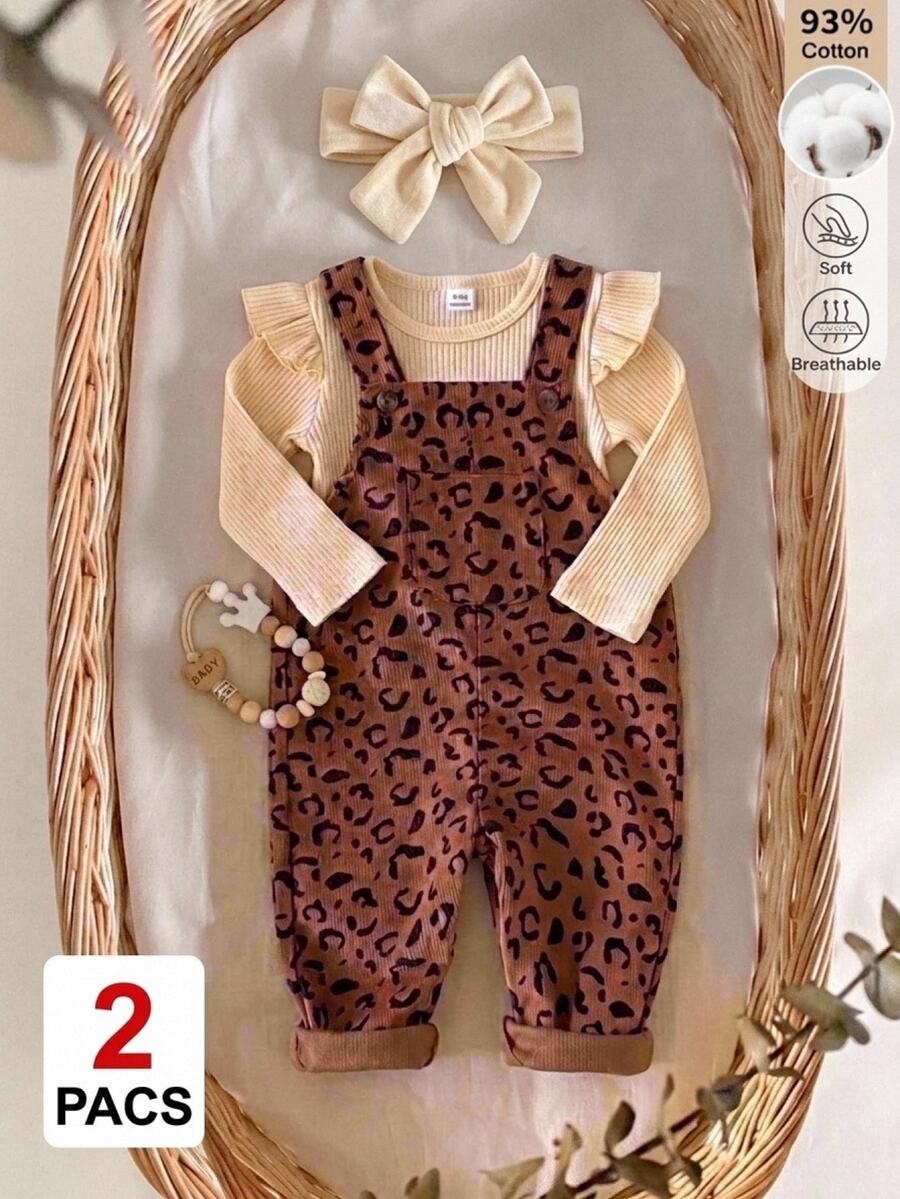 SHEIN 2件組女嬰秋冬淺棕豹紋復古甜酷風荷葉邊長袖上衣搭配豹紋燈芯絨吊帶褲,寬鬆舒適版型,適合日常外出、學校活動、戶外玩耍、家庭聚會、拍照、萬聖節與聖誕節假期穿搭 - 彩色 - 查看 1