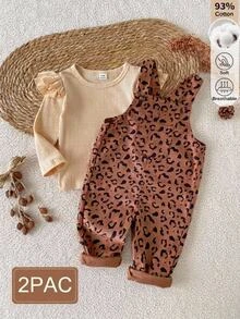 SHEIN 2件組女嬰秋冬淺棕豹紋復古甜酷風荷葉邊長袖上衣搭配豹紋燈芯絨吊帶褲，寬鬆舒適版型，適合日常外出、學校活動、戶外玩耍、家庭聚會、拍照、萬聖節與聖誕節假期穿搭 - 彩色 - 查看 10