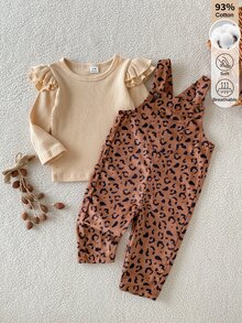 SHEIN 2件組女嬰秋冬淺棕豹紋復古甜酷風荷葉邊長袖上衣搭配豹紋燈芯絨吊帶褲，寬鬆舒適版型，適合日常外出、學校活動、戶外玩耍、家庭聚會、拍照、萬聖節與聖誕節假期穿搭 - 彩色 - 查看 2