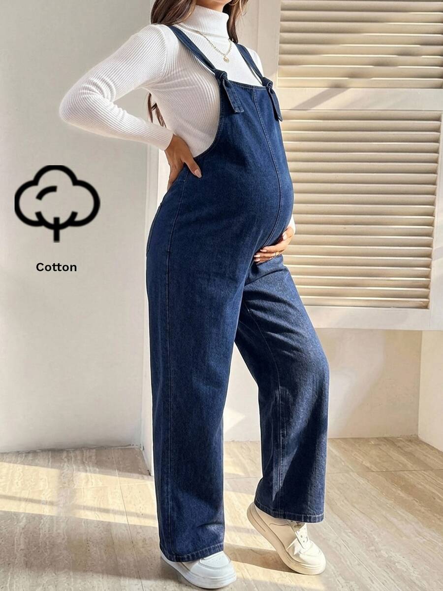 SHEIN Maternity Casual Denim Overalls For Vacation Western Outfits For Women Cowgirl - Blue - View 1