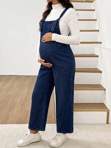 SHEIN Maternity Casual Denim Overalls For Vacation Western Outfits For Women Cowgirl - Blue - View 5